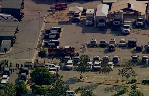 A fire truck and police are seen at a Los Angeles County Sheriff's Department training facility in Monterey Park